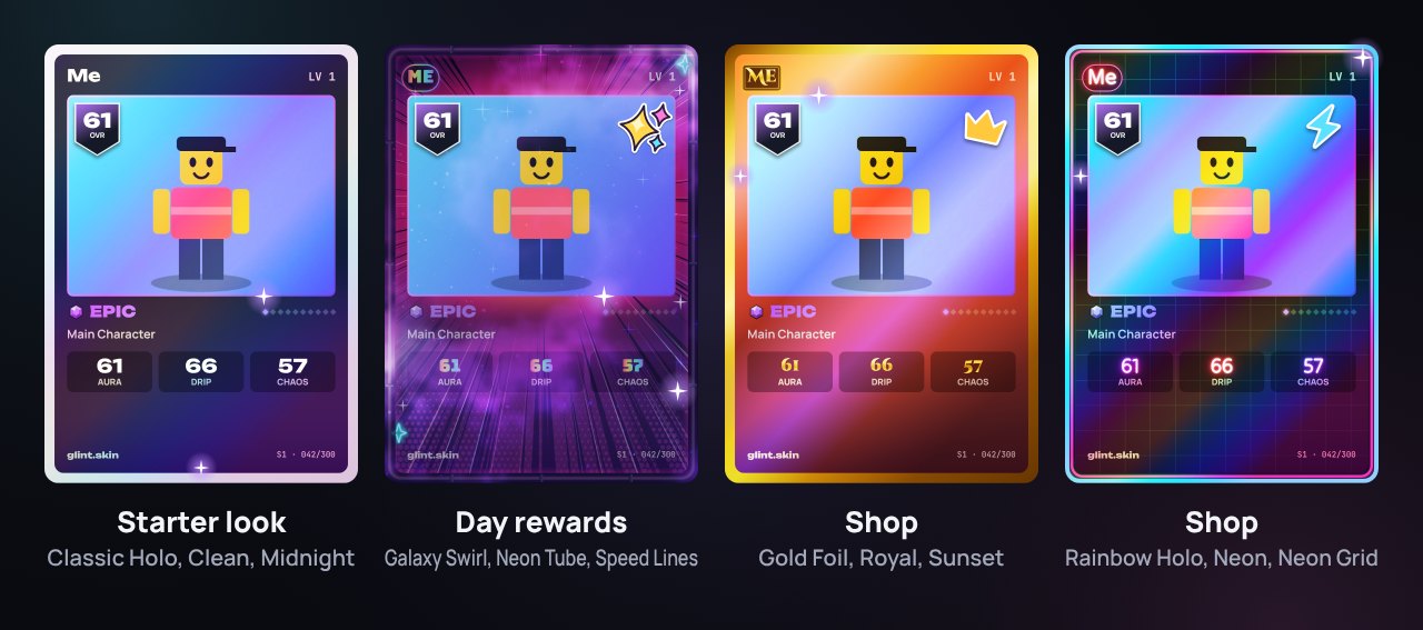 The same Epic avatar card in four different looks: the plain starter look, then day-reward, gold and neon looks with different foils, frames, backgrounds, name styles and stickers.