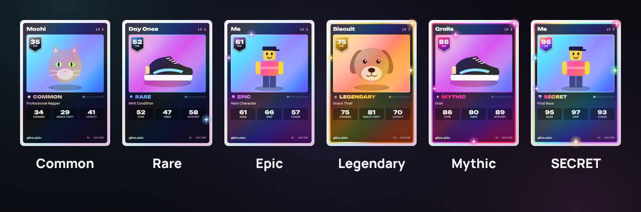 Six glint.skin cards side by side, one of each rarity: a Common cat, a Rare pair of sneakers, an Epic avatar, a Legendary dog, a Mythic pair of sneakers and a SECRET avatar.